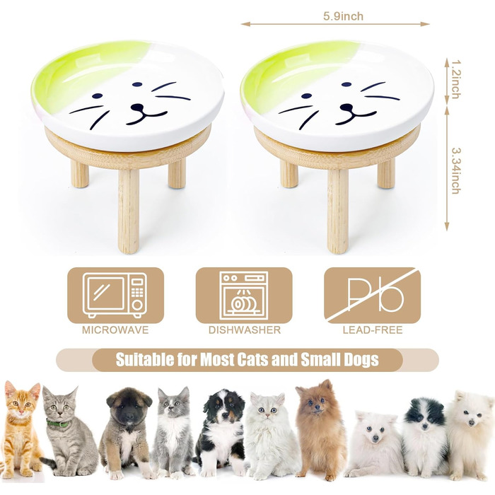 Набір мисок для котів з бамбуковим підставкою (2 шт.), 15 см, кераміка, зручні для вусів, зелені