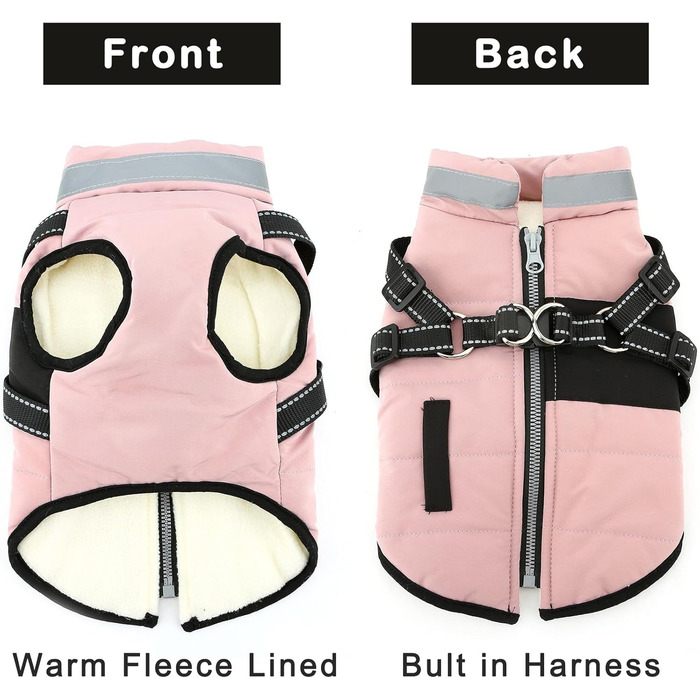Зунеа Тепла куртка для собак маленьких порід, для цуценят з повідком, світловідбиваюча, регульована, на блискавці, рожева, XS/S