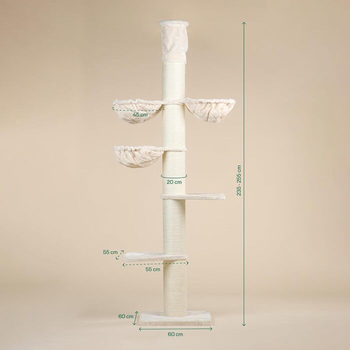 Котячий дряпак RHRQuality Maine Coon Tower Plus для великих котів, висота до 295 см, стовпи з сизалю 20 см, кремовий