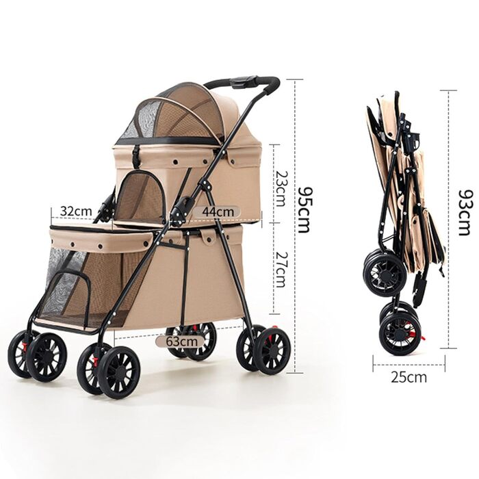 Складаний візок для собак на 2 яруси, переноска для домашніх тварин до 24 кг, візок для собак з сітчастими віконцями, ремінь безпеки, 4 колеса, складаний візок для котів та маленьких собак (колір: коричневий)