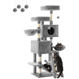 Котячий дряпак FourFurPets 160 см, з платформами, будиночками, кошиками, гамаком і іграшками, світло-сірий