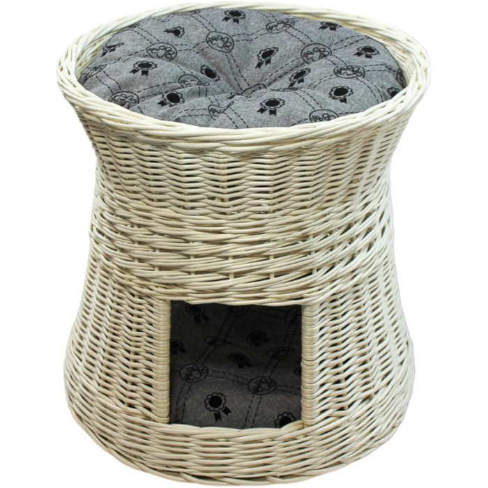 Кігтеточка-ліжко для котів: кругла хатинка з лози, 2 поверхи, білий колір, сірий лежак