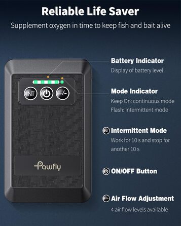 Pawfly Акумуляторний повітряний насос для акваріума 1.5W, USB, тиха портативна аераторна помпа для риб, 20-75 л, для риболовлі та аварійного живлення