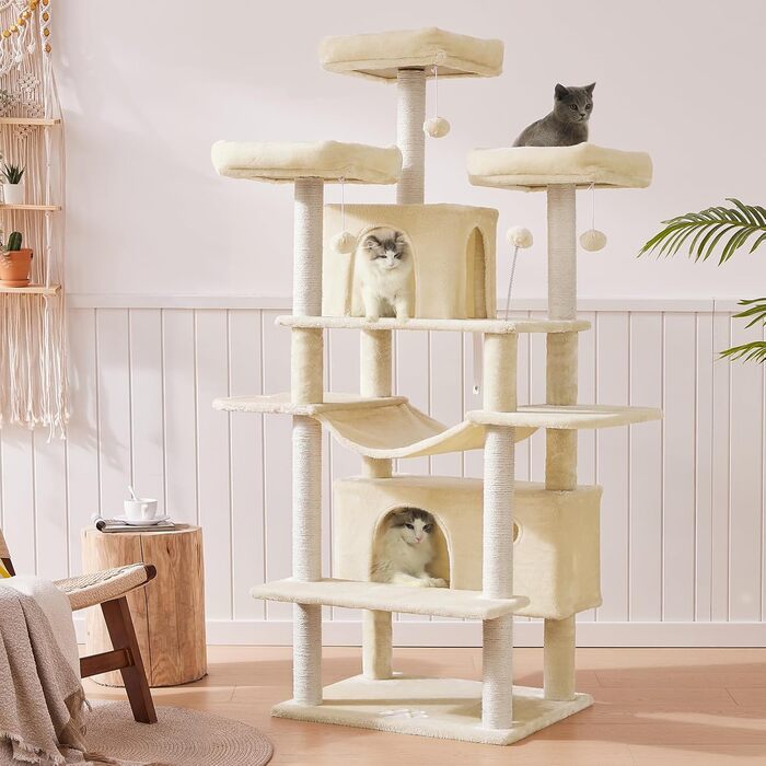 MSmask Котячий будиночок-когтеточка великий, 194 см, XXL, з 3 платформами, 2 печерами, сизалевими стовпами, гамаком, когтеточкою з рампою