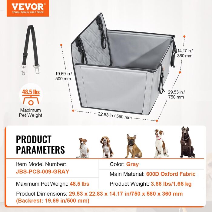 Автокрісло для собак VEVOR - підняття для собак, водонепроникне, з підтримуючою рамою, з безпечним тросом, для собак малого, середнього та великого розміру до 22 кг (M, сірий)