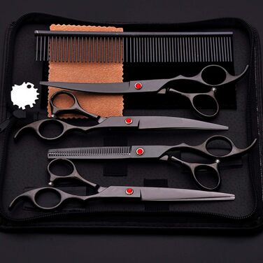 Набір професійних ножиць для грумінгу собак, ножиці для догляду за шерстю, нержавіюча сталь, з ножицями для фінальної обробки, для всіх порід собак та котів (чорний, 20.3 см)