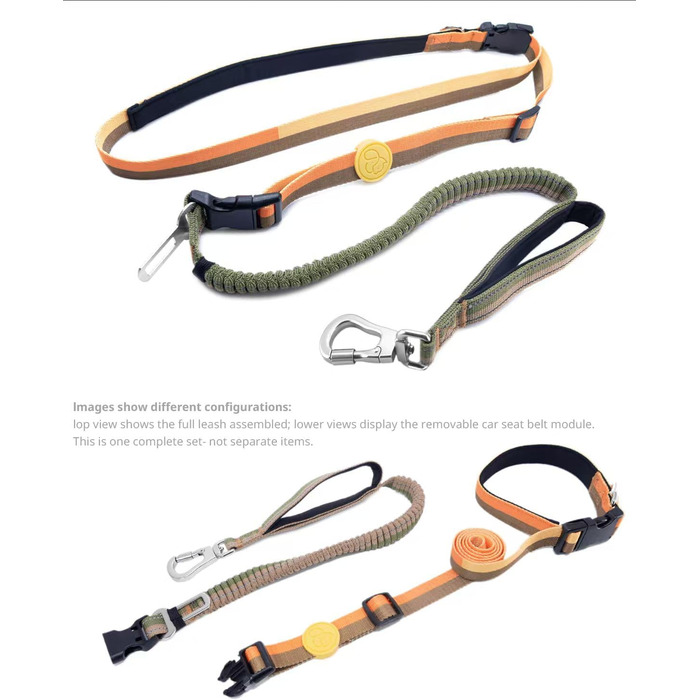 EVERKING 6-в1 повідок для собак з жилетним поясом – повідь для бігу та прогулянок для малих та великих собак – з 2 ручками, антишокова пружина, кріплення для авто, тягнуча повідець та альтернатива шлейці (Синій, Сірий) Синій, Хакі (Жовтий, Коричневий)