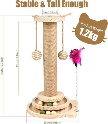 Іграшка для котів TSKDKIT: інтерактивний кігтеточки з кулями, пір'ям та м'ячами, 45 см, 2-ярусний обертовий столик, для маленьких/середніх котів