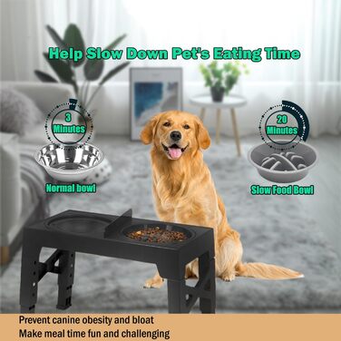 Підвищений миска для собак Arsagoo: 1 x 1100 мл з нержавіючої сталі, 1 x для повільного годування, 1 x водовідштовхувана, регульована по висоті (5 рівнів) для собак маленьких та середніх порід