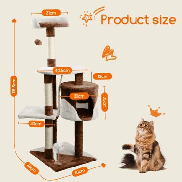 Дряпка для котів Nobleza 118,5 см, 3 платформи, будиночок, іграшки, коричнева