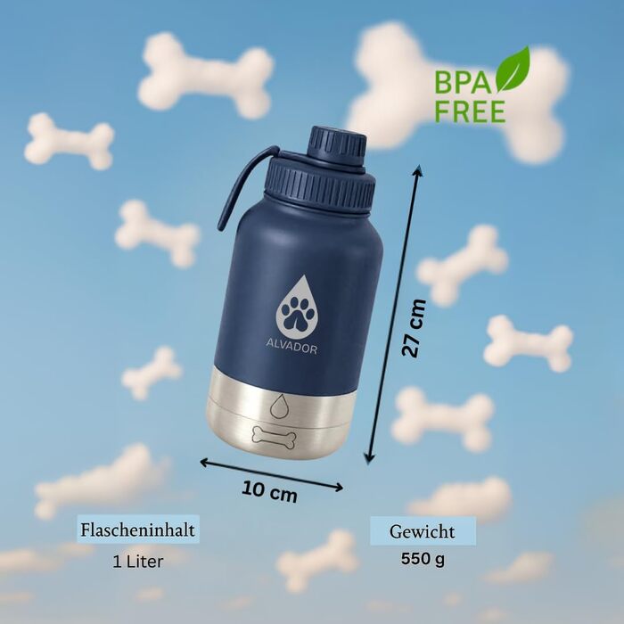 Водяна пляшка для собак на 1000 мл з переносною сумкою, 4-в-1, нержавіюча сталь, ізольована, без BPA, з мисками для води та корму, аксесуари для собак, блакитний колір