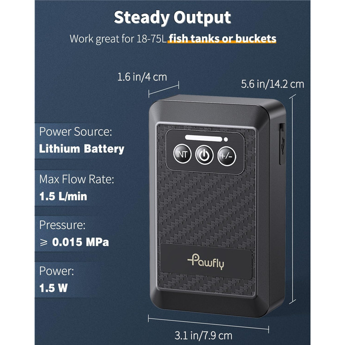 Pawfly Акумуляторний повітряний насос для акваріума 1.5W, USB, тиха портативна аераторна помпа для риб, 20-75 л, для риболовлі та аварійного живлення