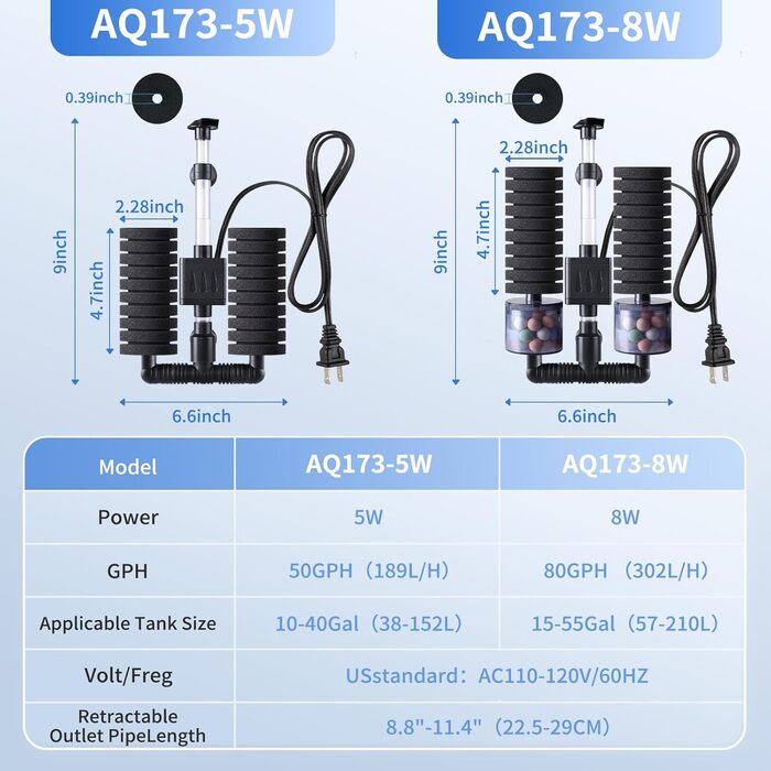Фільтр для акваріума AQQA, 8W, внутрішній, тихий, 190 л/год, біологічне та механічне фільтрування, до 210 л