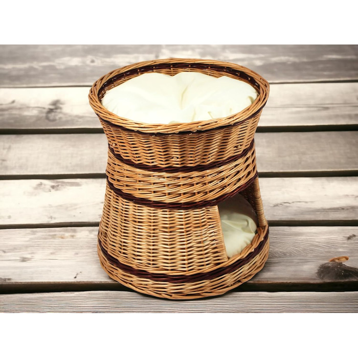 Кігтеточка-лежанка для котів та собак, 2-ярусна, з подушкою, діаметр 47 см, з натуральної лози