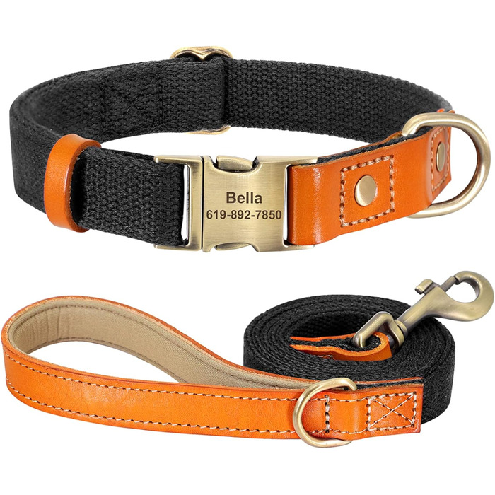 Персоналізоване обплетене повідко-нашийник для собак з нейлону, шкіра, блакитний (L, чорний)