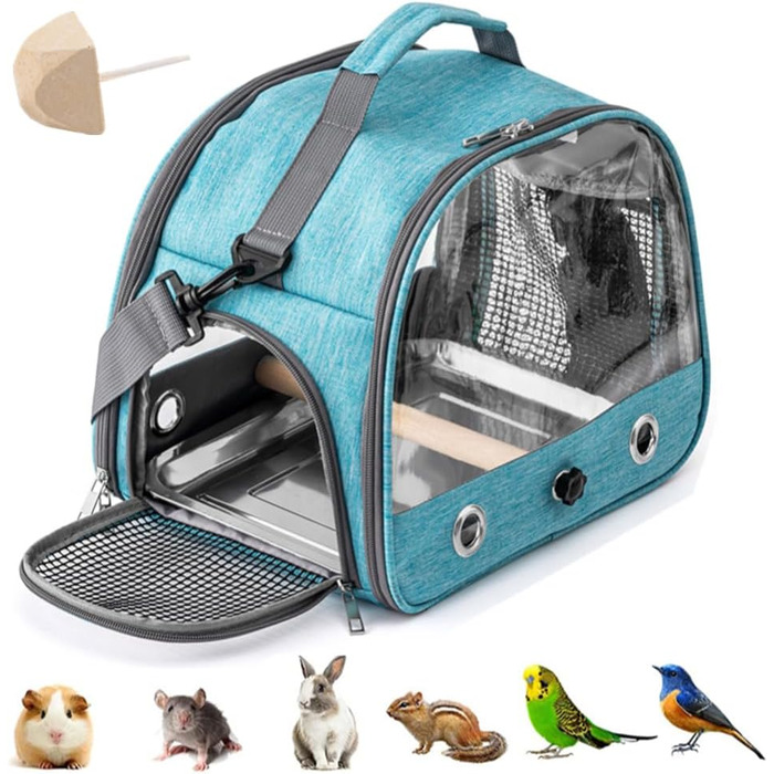 Рюкзак для птахів з дерев'яною підставкою, переноска для птахів з металевим підносом, легкий рюкзак для папуг, для папуг, тканинних птахів, з металевим підносом та підставкою, блакитний