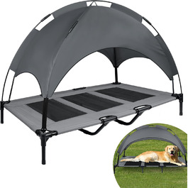 Підвищене собаче ліжко з дахом, сонцезахист, ліжко для домашніх тварин з балдахіном, лежанка для собак на вулицю, собаче диван, антиковзні підкладки, водонепроникний дах та дихаюча сітка, розмір L 92x76x92 см (XL - 122x92x102 см)