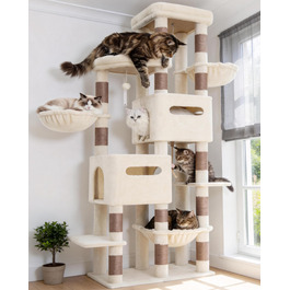 Heybly Katzenbaum 190 см, XXL Дряпка для великих котів, стійка висока когтеточка з великою платформою, 2 печери, гамак та міцні стовпи з сизалю, котячі меблі, HCT062G (Бежевий)