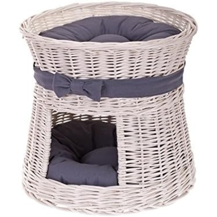 Кругла котяча хатинка e-wicker24 з плетеної лози, двоярусна, з подушкою та бантиком, котячий тур (кремово-сірий)