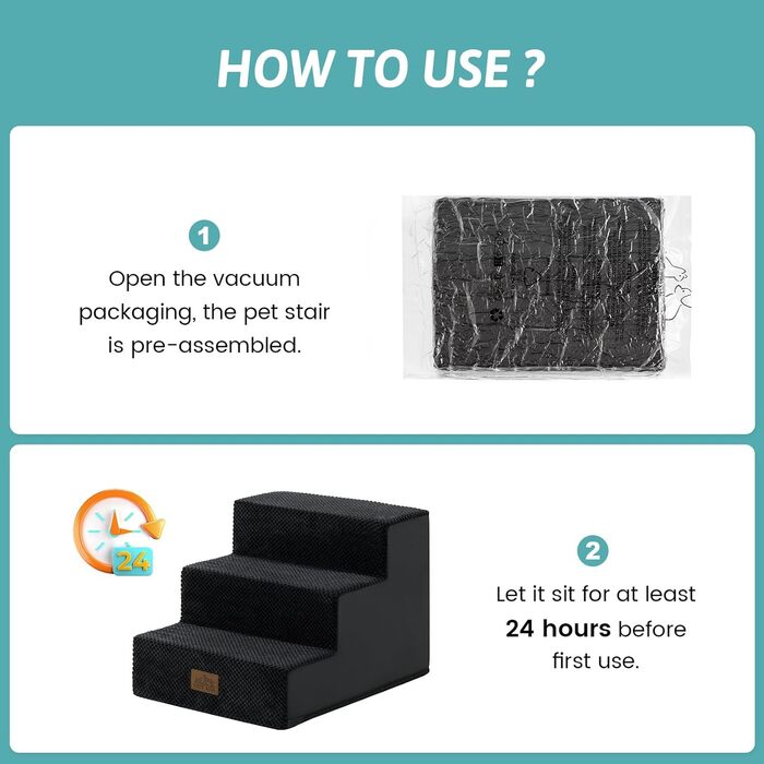 Сходинка для собак, 3 ступені, для ліжка, дивана, авто, 5 см, знімний чохол (60x5x5 см, чорний)