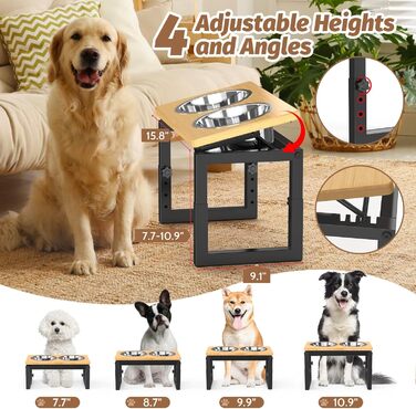 Підвищена годівниця для собак середніх та великих порід, чорна. 2 миски з нержавіючої сталі, регульована висота