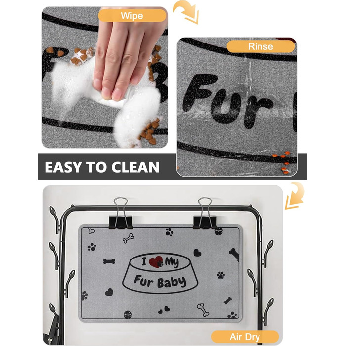 Килимок під миску для собак та котів, сірий, 30x50 см, з принтом 'I love my fur Baby'