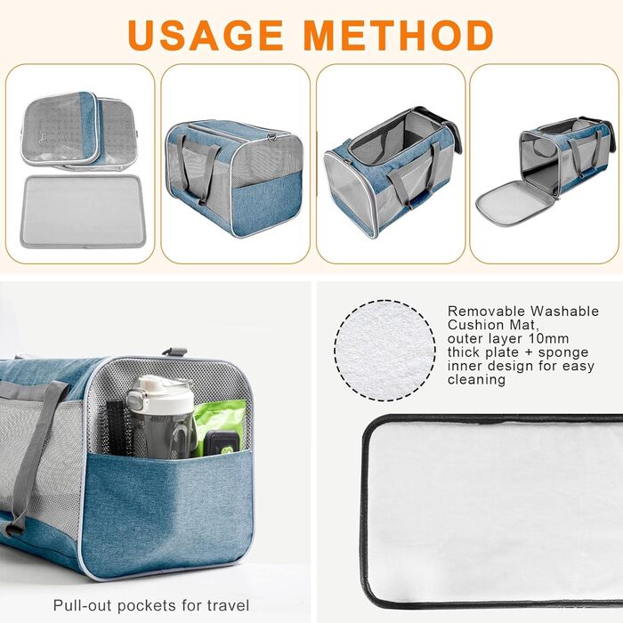 Транспортна переноска для кота KunpengZen, переноска для собаки, складана, з регульованим плечовим ременем, знімним плюшевим матрацом, для котів до 7.5 кг, для подорожей, авто, до ветеринара, блакитна