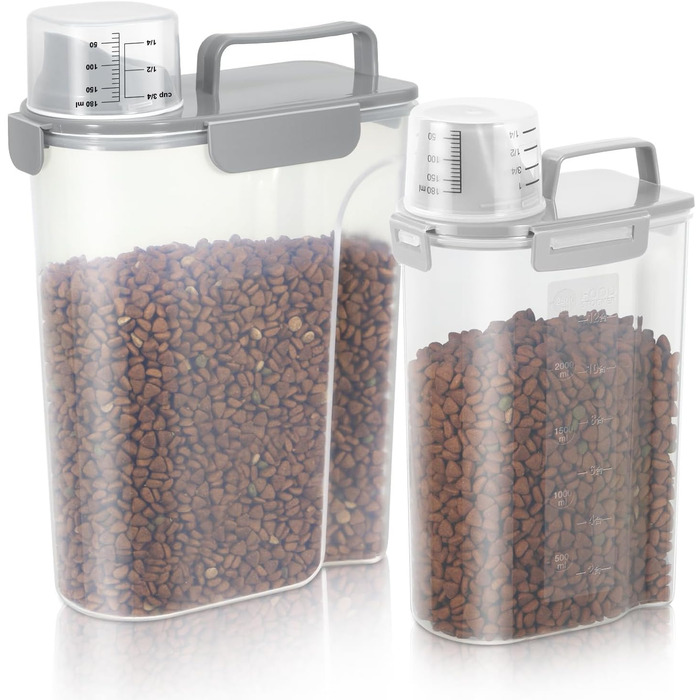 Контейнер для корму для собак, велика насадка, BPA-free, 4,5-6,8 кг, пластик, з 4 герметичними закриттями, мірна склянка та ручка, сірий