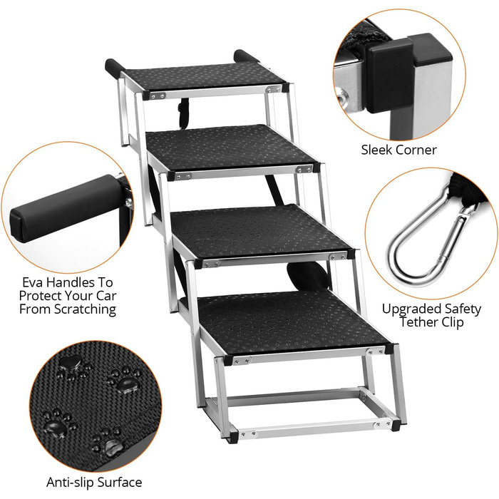 Сходинка для собак QWORK® 4-ступенева складана, антиковзка, для автомобіля - регульована висота 64 см, до 80 кг