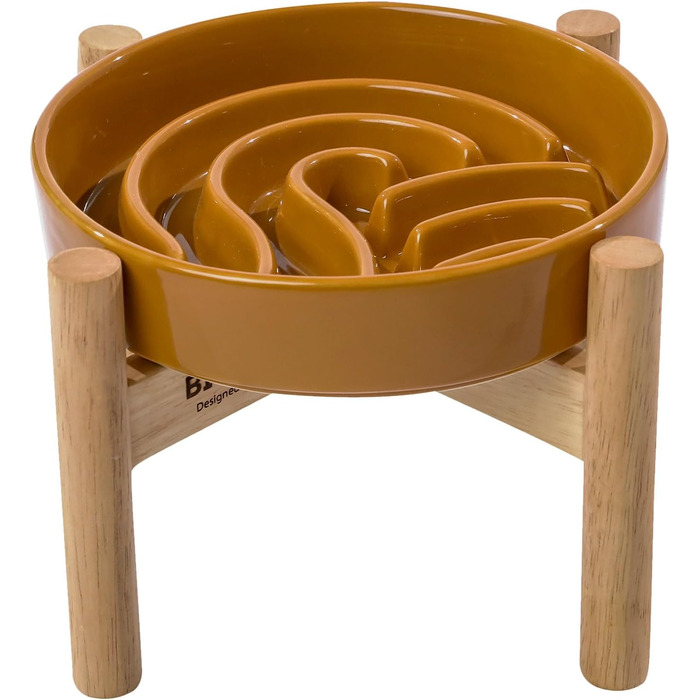 Миска для собак Slow Feeder з кераміки з нековзким силіконовим краєм - пазл-миска для запобігання здуття та ожиріння (Абрикос-S) (Маленька, Хвилі-Помаранчевий з підставкою)