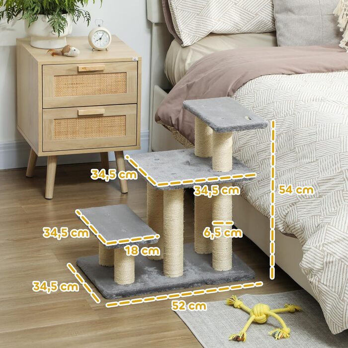 Сходинки для собак PawHut - 3 сходинки, 54 см, сірі. Сходи для маленьких собак та котів з сизалевим покриттям, м'ячик, допомога для заходження на ліжко, диван, в автомобіль