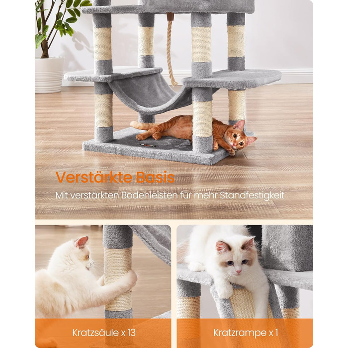 Багатоповерховий котячий будиночок Feandrea з 13 стовпчиками для дряпання, 2 платформами, 2 печерами, гамаком та іграшками, 168 см, сірий