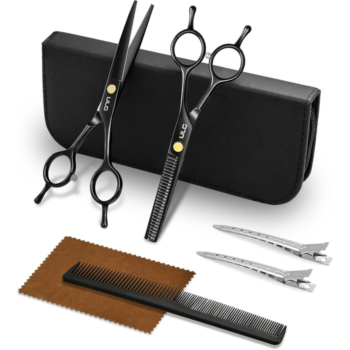 Професійний набір для стрижки волосся ULG - професійні барберські ножиці 16,5 см з японської нержавіючої сталі, витончуюча ножиця, гребінець, затискачі та етилуі - для чоловіків, жінок, дітей, чорний