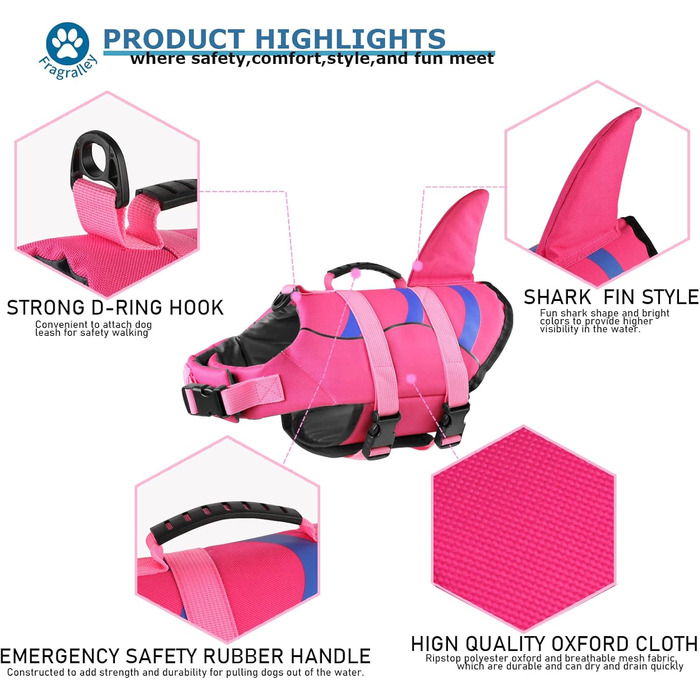 Жилет для плавання для собак Fragralley з принтом акули, рожевий, для малих, середніх та великих собак.