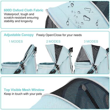 Візок для собак до 15 кг, складаний, з кошиком для зберігання, сітковими вікнами, блакитний, з дощовиком