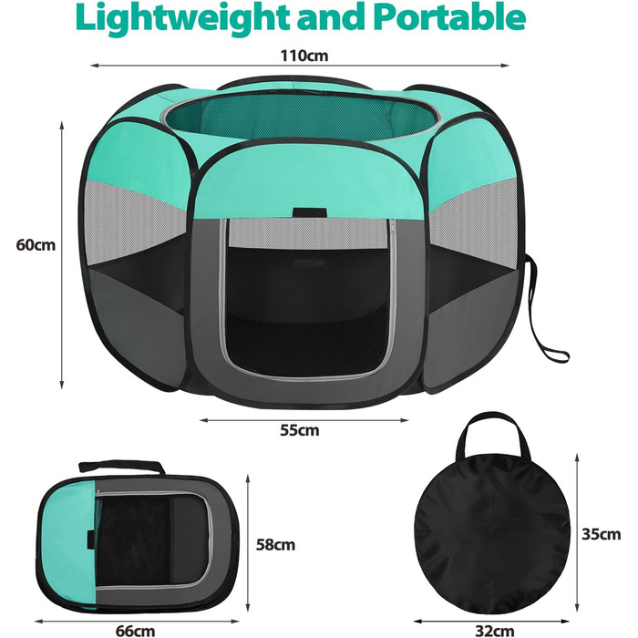 Клітка-біговий вольєр для цуценят та тварин, складана, 110x110x60 см, зелена