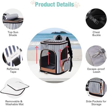 Розширюваний рюкзак для кота Ekesky – зручний, дихаючий рюкзак для середніх та великих котів та собак, з внутрішньою фіксацією та килимком для тварин, об'єм 9 л (L, смугастий)