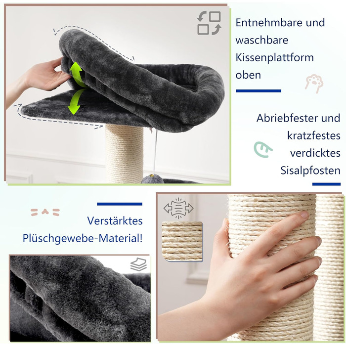 Кігтеточка XXL для мейн-куна, 168 см, з гамаком, сизаловим стовпом (φ11 см), коморою, корзиною, 2 платформами, EMPJ01M (димно-сірий)