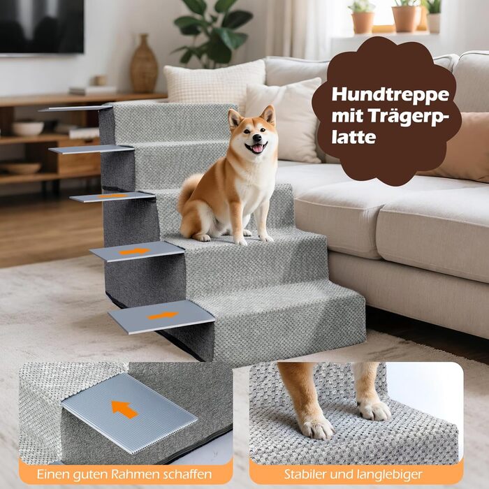 Сходинки для собак Eukue: 5 сходинок, складані, для маленьких та великих собак, з антиковзким покриттям, для доступу до ліжка/дивану, сірого кольору