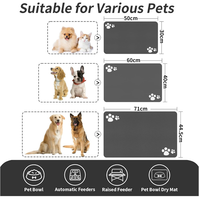 Гумова килимок для годівлі собак та котів, 44.5 x 71 см, сірий (4 лапки)