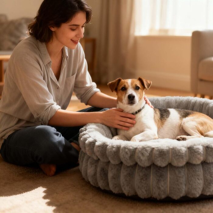 Кругле м'яке ліжко для котів та собак, біле, 50 см. Миється. Підходить для маленьких та середніх порід.