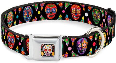 Нашийник для собак Buckle Down Colorful Calaveras, 22,9–38,1 см, чорний з різнокольоровими черепами