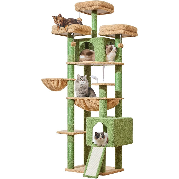Кігтеточка для котів Taoqimiao 193 см, велика, XXL, з будиночками, гамаком, кошиком та 7 стовпчиками для заточування кігтів, сірий/зелений (MS047G)