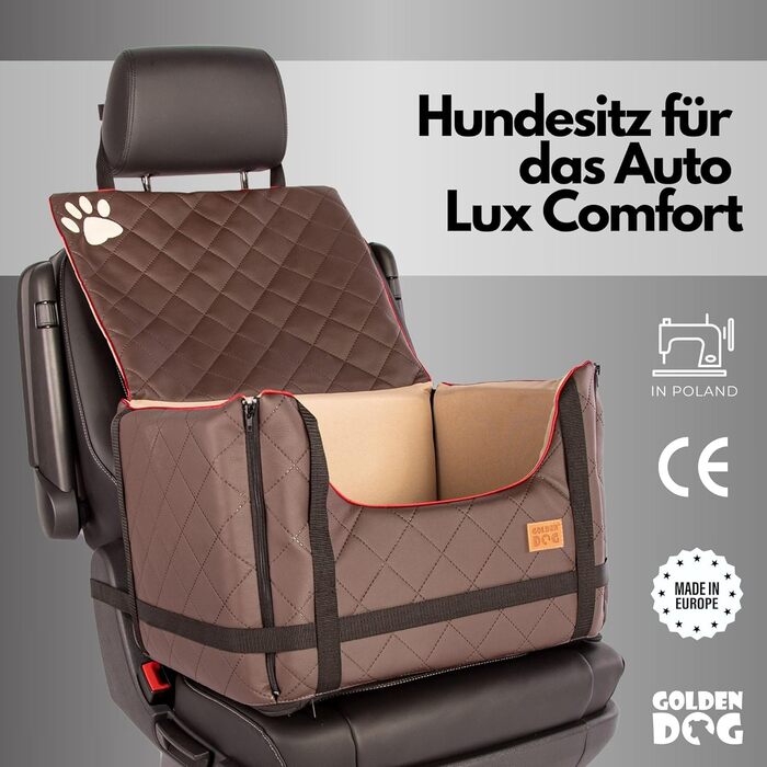 Транспортна переноска для собак Golden Dog з кріпленням на ремінь безпеки, 65x53x27 см, колір коричневий. Імітація шкіри, водовідштовхувальна, складна, підходить для автомобіля.