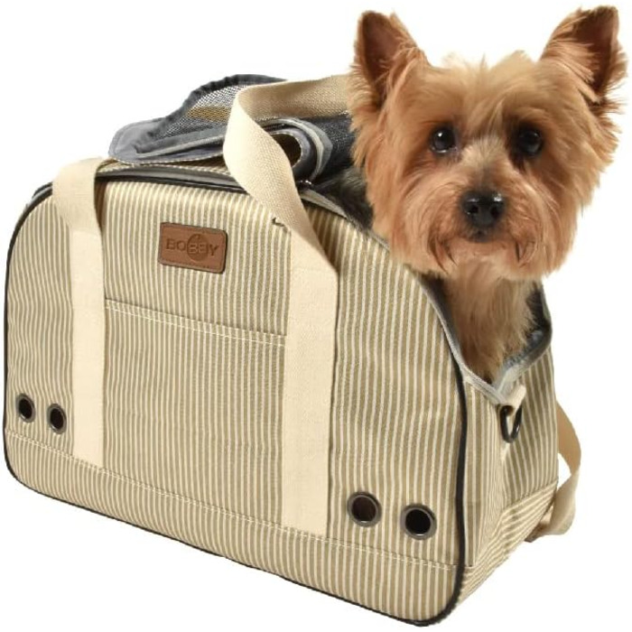 Сумка для тварин Bobby Tennis – переноска для котів та собак, 45 x 18 x 30 см, з плечовим ременем та рюкзаком, Бежево-чорна