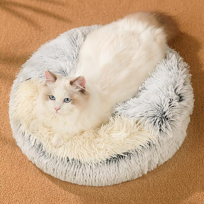 М'яке ліжко для домашніх тварин: ліжко для котів та собак, плюшеве, тепле, з капюшоном, антиковзаюче, сіре (65 см Ø)
