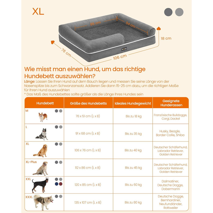 Ортопедичне ліжко для собак Feandrea, м'яке, з піднятими бортиками, знімний чохол, 106 x 76 x 18 см, сірий