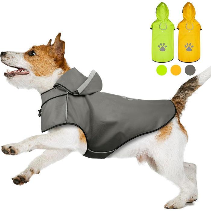 Водонепроникна куртка для собак DQGHQME з капюшоном. Регульована куртка для собак, захист від дощу. Відображає світло, підходить для собак маленьких, середніх та великих порід. Колір: сірий.