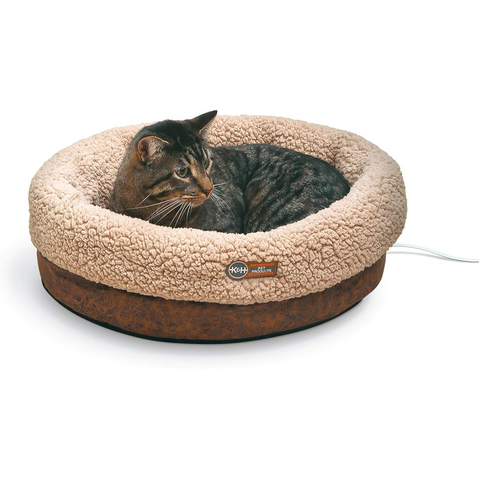 K&H PET PRODUCTS Термо-лежак для котів і малих собак, круглий, з підігрівом, для дому, велике тепле ліжко для котів