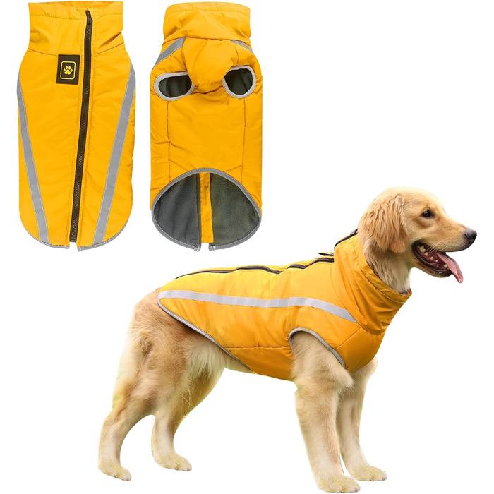 Зимова куртка для собак, тепла водонепроникна куртка для середніх та великих собак, флісова підкладка, світловідбиваючі елементи, для Лабрадора, Бульдога, Самоеда (6XL/68cm, Жовтий)
